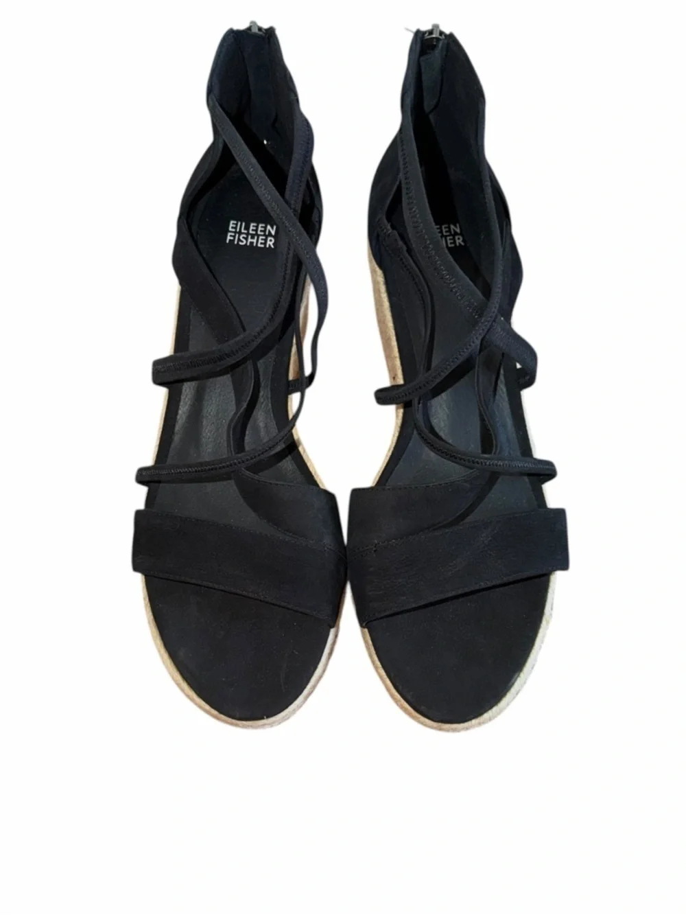 Eileen Fisher Wanda Black Nubuck Espadrille Wedge Sandals Size 11 Comfort Resort